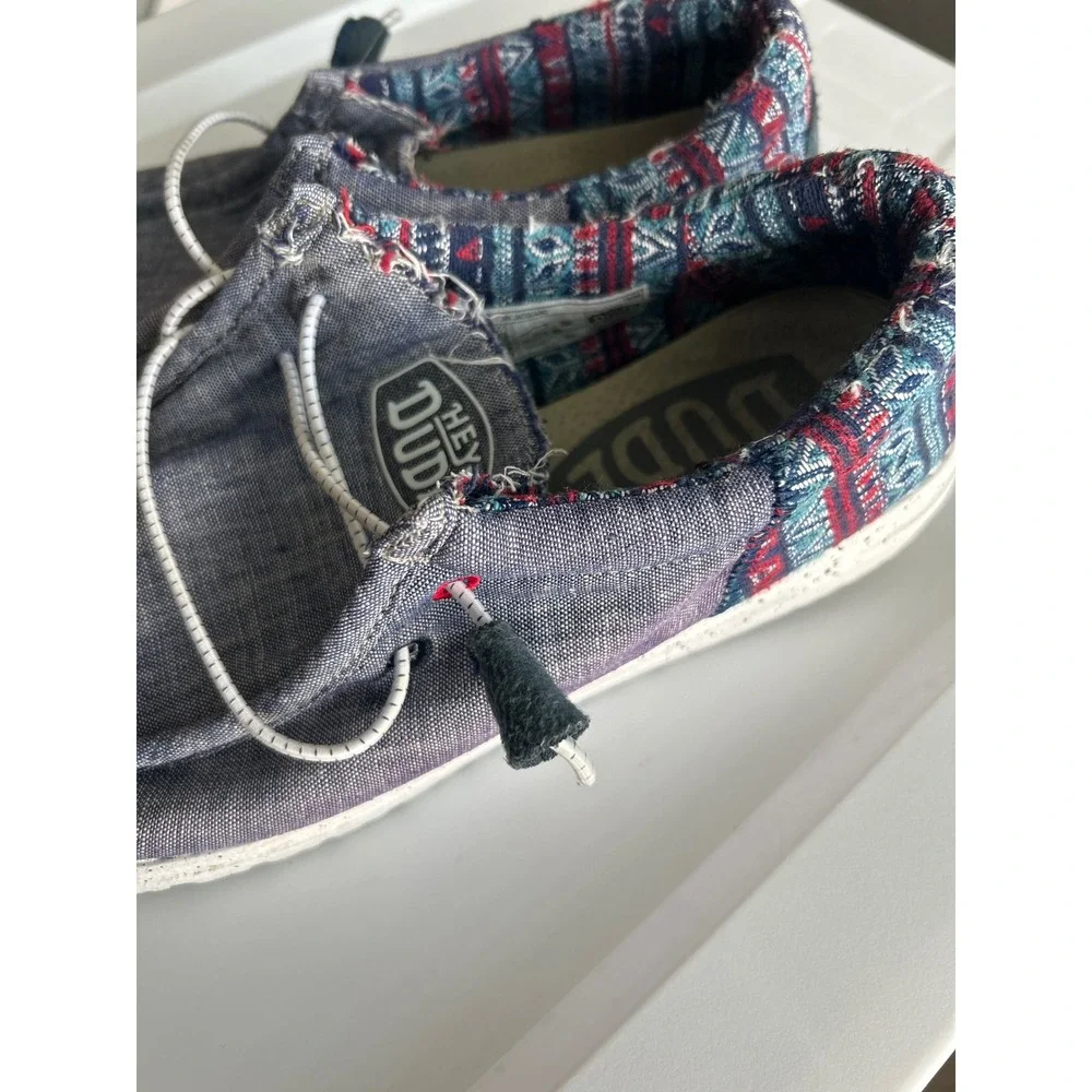 Hey Dude Wally Funk Jacquard Tribe Blue Canvas Slip On Loafers Mens 9 Womens 11